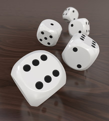 5 White Dices. 3D Render of 5 classic white dices rolling forward on wooden background. Medium DOF. 
