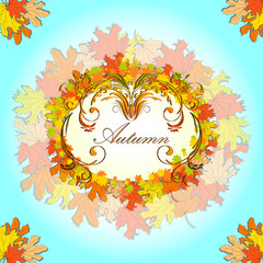 Fototapeta na wymiar Autumn greeting card with border of floral ornament and colored maple leaves