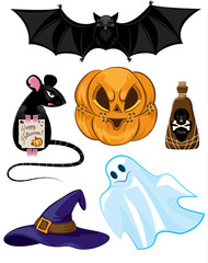 The set of items for Halloween. Mouse, bat, pumpkin, a cap, a vi