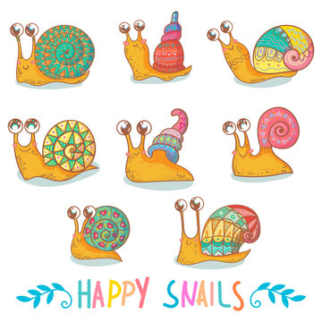 Set  of cute snails. vector illustration. isolated on white background