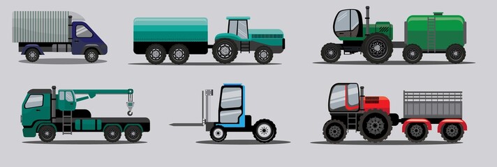 IIndustrial transportation vector set for agriculture, shipping, carrying and logistics needs.