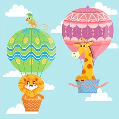 Tuinposter Dieren in luchtballon Heteluchtballonnen met dieren. Giraf en leeuw. vector illustratie