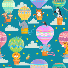 Naadloze patroon met kleurrijke heteluchtballonnen en dieren. Vector illustratie.