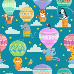 Keuken foto achterwand Dieren met ballon Naadloze patroon met kleurrijke heteluchtballonnen en dieren. Vector illustratie.