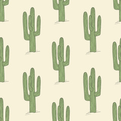 Vintage Colored Hand Drawn Seamless Pattern. Cute Cactuses on Yellow Background. Vector Illustration. Doodle Fashion Texture. Ready Swatch Included in File