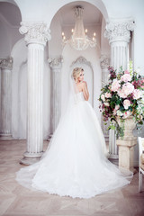 Charming young bride in luxurious wedding dress. Pretty girl, the photo Studio