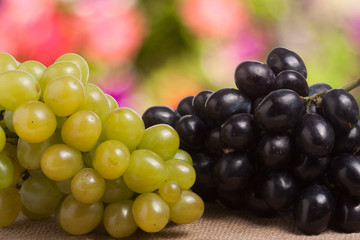 Blue and green grapes on the table with a blurred background