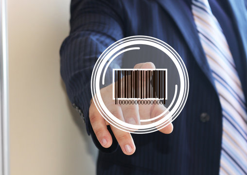 Businessman pressing the product barcode on the touch panel. Web icons. - Powered by Adobe