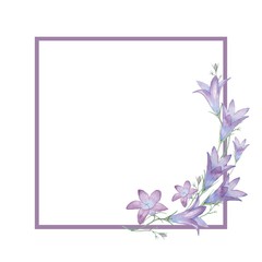 Fototapeta na wymiar Square frame with flowers bells 2. Watercolor figure. Hand-drawing. Decorative element for greeting card, invitation card. 