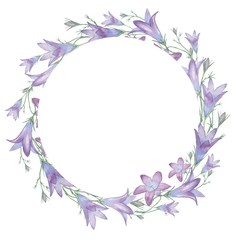 Fototapeta na wymiar round frame with flowers bells 3. Watercolor painting. Hand drawing. Decorative element for greeting card, Invitation card.