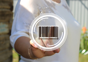 Businesswoman pressing barcode of a product on the touch panel. Web icons.