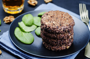 black beans brown rice walnut oat burgers with spinach