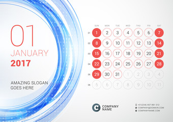 Desk Calendar for 2017 Year. January. Week Starts Sunday. Vector Design Print Template with Abstract Circle Background