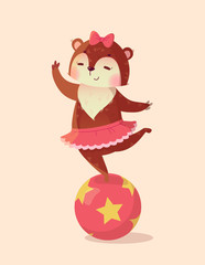 Cute circus bear girl on the ball. Vector illustration. Cartoon character. Decorative element. Animal ballerina.