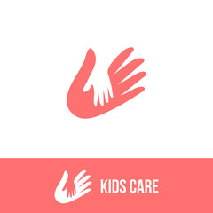 Isolated child and adult hands vector logo. Negative space icon. Family sign.