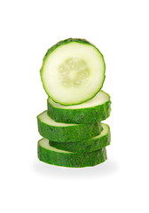 Fresh stacked slices of cucumber isolated on white background