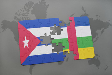 puzzle with the national flag of cuba and central african republic on a world map background.