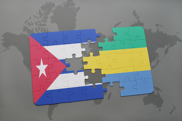 puzzle with the national flag of cuba and gabon on a world map background.