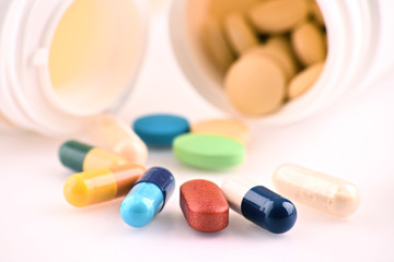 Composition with variety of drug pills and containers