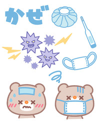 風邪イラスト　セット素材　文字・ウィルス・発熱・マスク・氷のう・体温計　白背景
