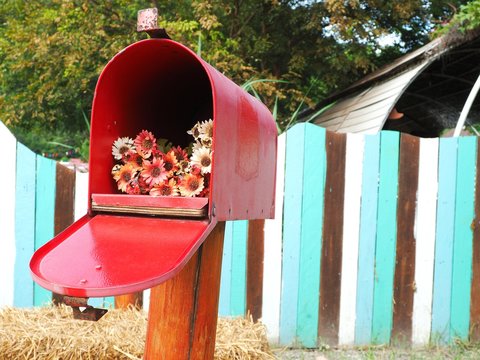 Red Mail box with bouquet inside