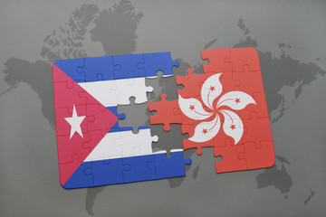 puzzle with the national flag of cuba and hong kong on a world map background.