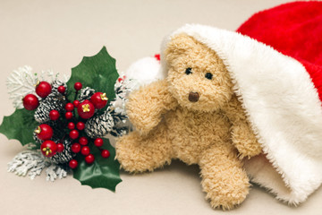 Image of teddy bear in Santa Claus cap, close-up