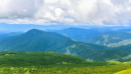 Picturesque Carpathian mountains landscape, view from the height, Chornogora ridge, Ukraine.