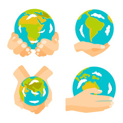 People holding earth. globe in hands concept of happy earth day eco friendly, help ecology, future life, natural. Earth in hands isolated on black background modern design vector conept