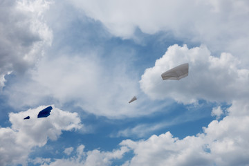 Two kites fly in the cloudy sky