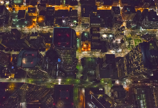 Aerial view of Los Angeles cityscape lit up at night, California, United States