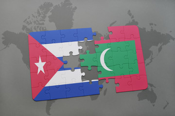 puzzle with the national flag of cuba and maldives on a world map background.