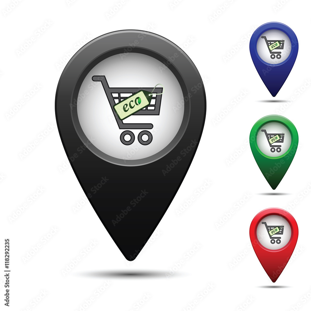Poster colored map pointer with symbol supermarket. for location maps. mark icon. sign for gps navigation. 
