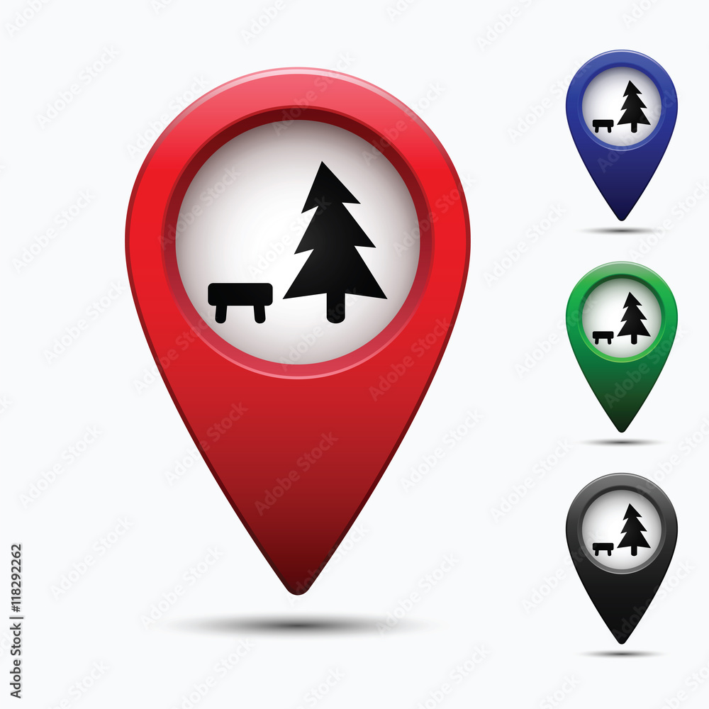 Poster colored map pointer with symbol resting-place. for location maps. mark icon. sign for gps navigation