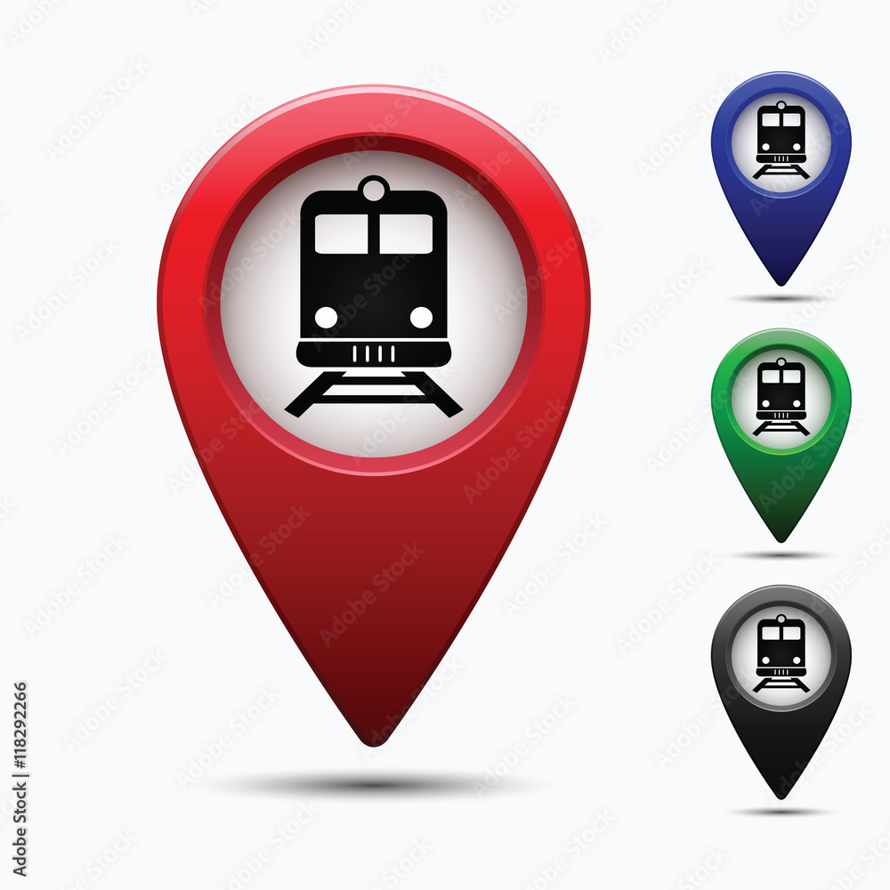 Poster colored map pointer with symbol railway station and train. for location maps. mark icon. sign for gp