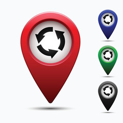 Colored map pointer with symbol around motion of transport.  For location maps. Mark icon. Sign for gps navigation. Index location on map. Pointer location. Vector isolated ilustration.
