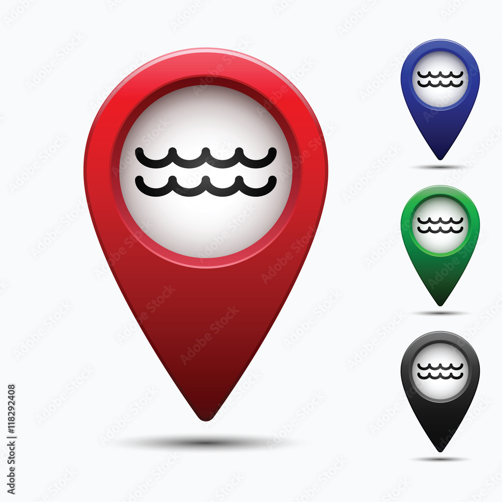 Poster colored map pointer with symbol pond or river. for location maps. mark icon. sign for gps navigation