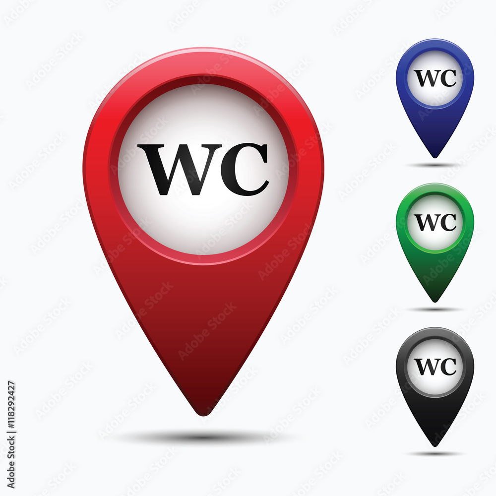 Poster colored map pointer with symbol toilet or wc. for location maps. mark icon. sign for gps navigation.