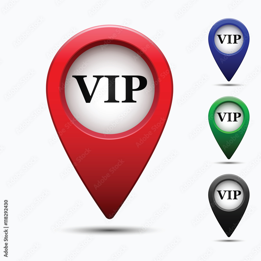 Poster colored map pointer with symbol vip. for location maps. mark icon. sign for gps navigation. index lo