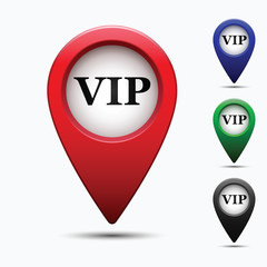 Colored map pointer with symbol vip.  For location maps. Mark icon. Sign for gps navigation. Index location on map. Pointer location. Vector isolated ilustration.