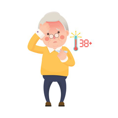 Vector Illustration of Sick Old Man Suffering from a Fever and Checking His Temperature on a Thermometer while Clutching at His Forehead. Cartoon Character.