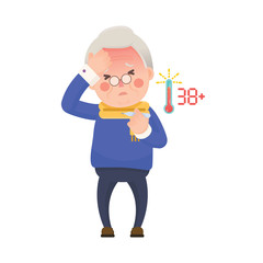 Vector Illustration of Sick Old Man Suffering from a Fever and Checking His Temperature on a Thermometer while Clutching at His Forehead. Cartoon Character.