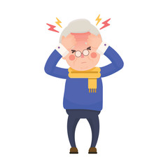 Vector Illustration of Sick Old Man Suffering from a Headache and High Temperature Holding Head in Hands. Cartoon Character.
