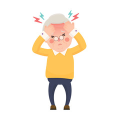 Vector Illustration of Sick Old Man Suffering from a Headache and High Temperature Holding Head in Hands. Cartoon Character.
