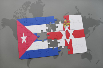 puzzle with the national flag of cuba and northern ireland on a world map background.