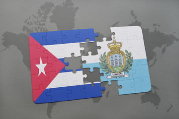 puzzle with the national flag of cuba and san marino on a world map background.