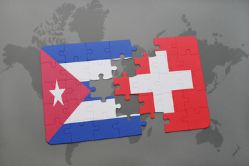 puzzle with the national flag of cuba and switzerland on a world map background.