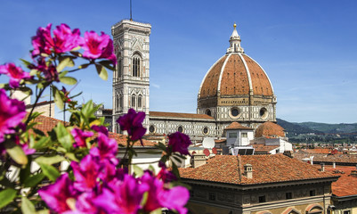 Fototapeta na wymiar Dome of cathedral church Santa Maria del Fiore close up at spring day, Florence, Italy, retro toned