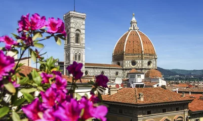 Zelfklevend Fotobehang Dome of cathedral church Santa Maria del Fiore close up at spring day, Florence, Italy, retro toned © Mariana Ianovska
