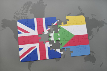 puzzle with the national flag of great britain and comoros on a world map background.